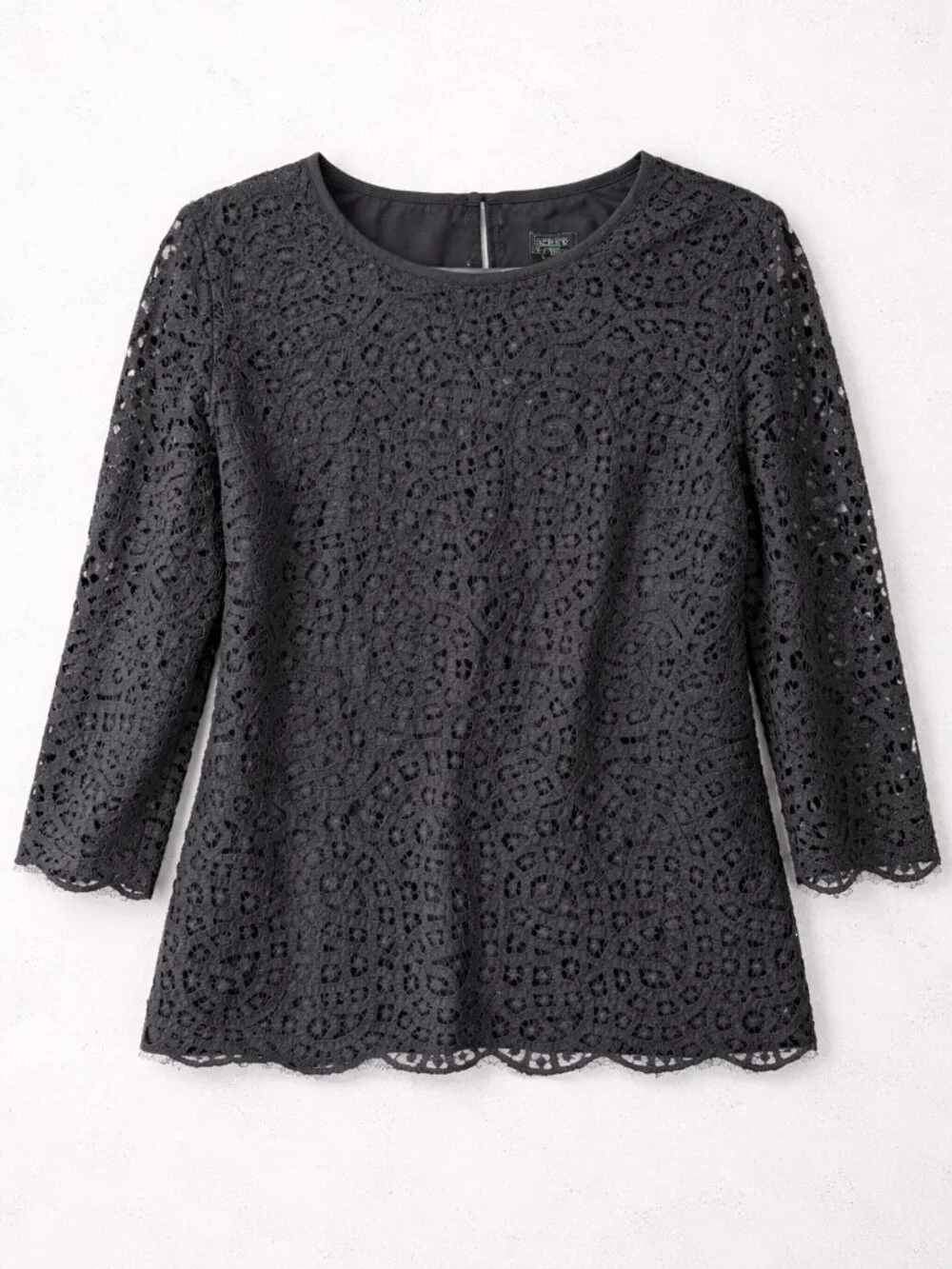 J.Crew Black Lace Blouse Size 12 | Scalloped Hem 3/4 Sleeve Dressy Top